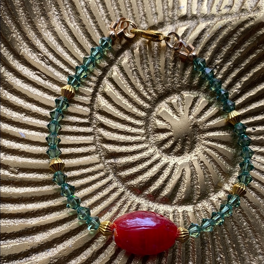 Handmade Green Swarovski and Red Glass Bracelet with Metal Accents